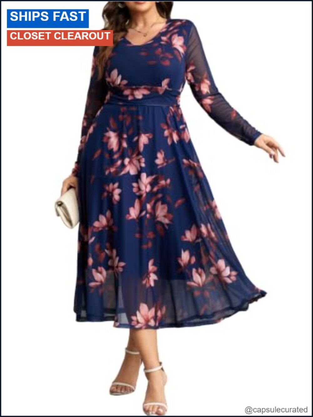 Plus Size Floral Mesh Maxi Dress V-Neck Long Sleeve Wedding Guest